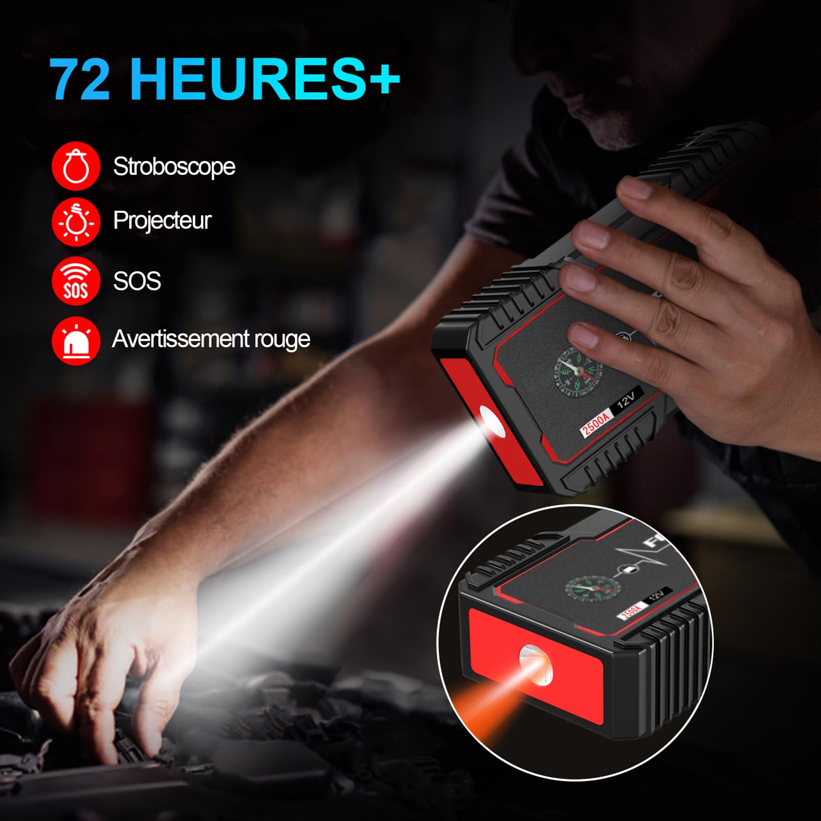 FOWAWU 2500A Booster Batterie Voiture,Démarre Moteurs 8L Ess/6,5L Diesel