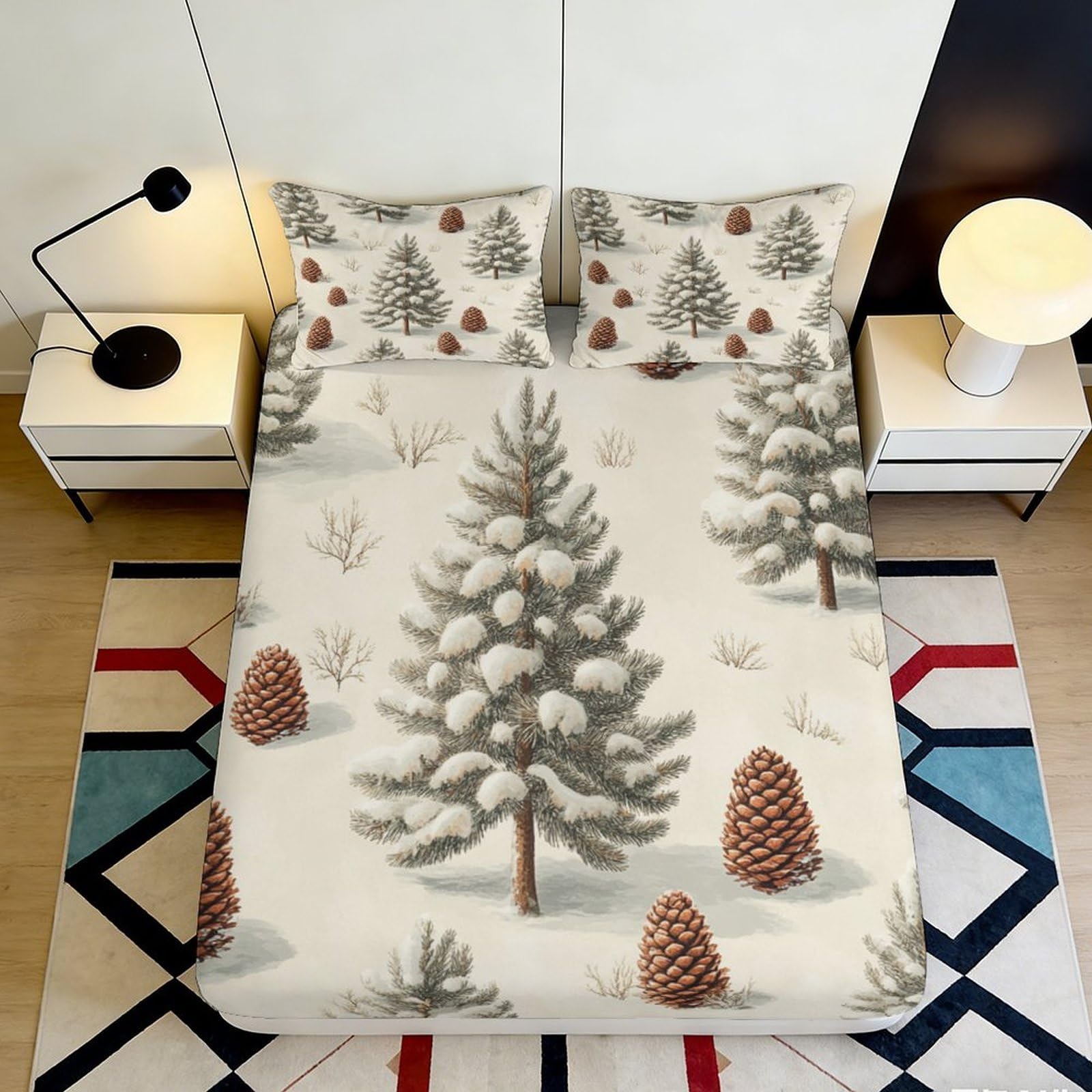 3D Printed Snowy Pine Tree Fitted Sheet Microfiber Winter Forest Bed Cover for Bedroom Guest Room Mattress Protection Decor 140x200x25cm