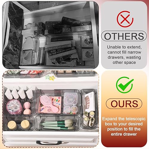 Miniatura 5 de Organizador de cajones transparente extensible de 8 piezas, caja de almacenamiento de tocador ajustable, organizador de cajones de escritorio de 2