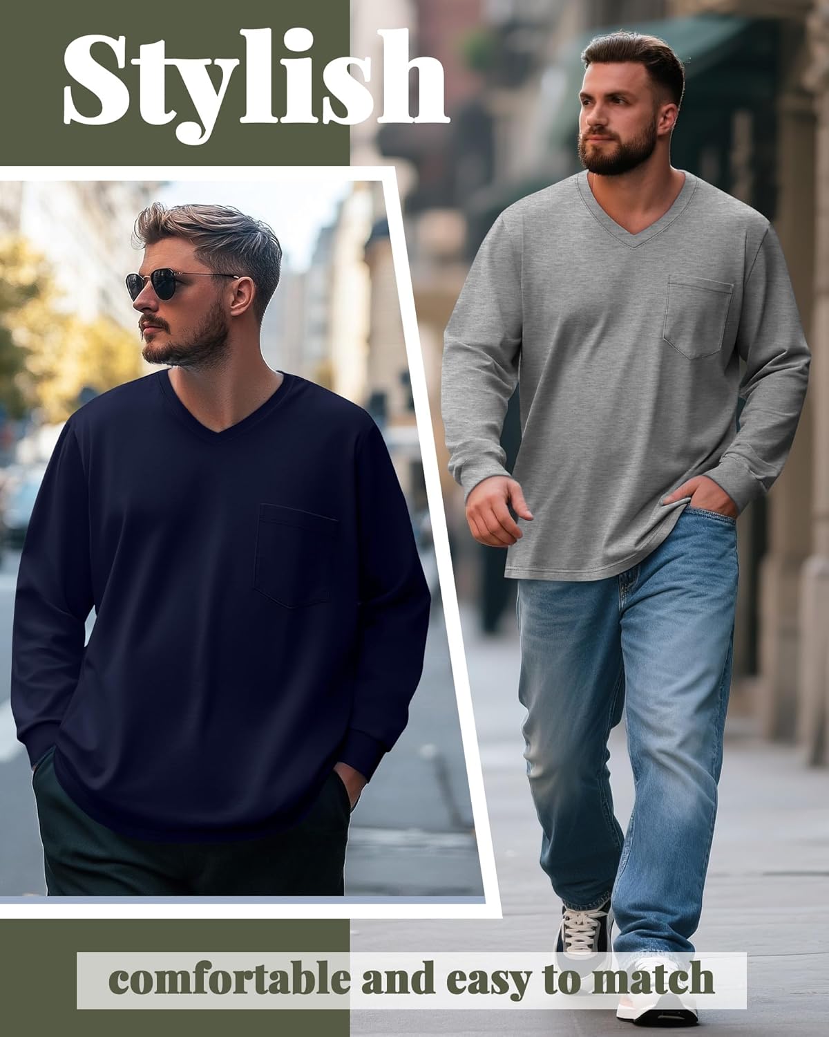 Ficerd 3 Pack Men's Big and Tall V Neck Shirts with Pocket Long Sleeve Plus Size Tops Basic Casual Loose Fall Tee - Image 6