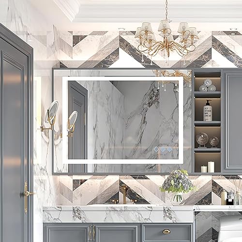 Olela Espejo de baño LED con luz, 48 x 36 pulgadas, espejo de pared con marco plateado, espejo de pared de tocador regulable sin escalones, espejo