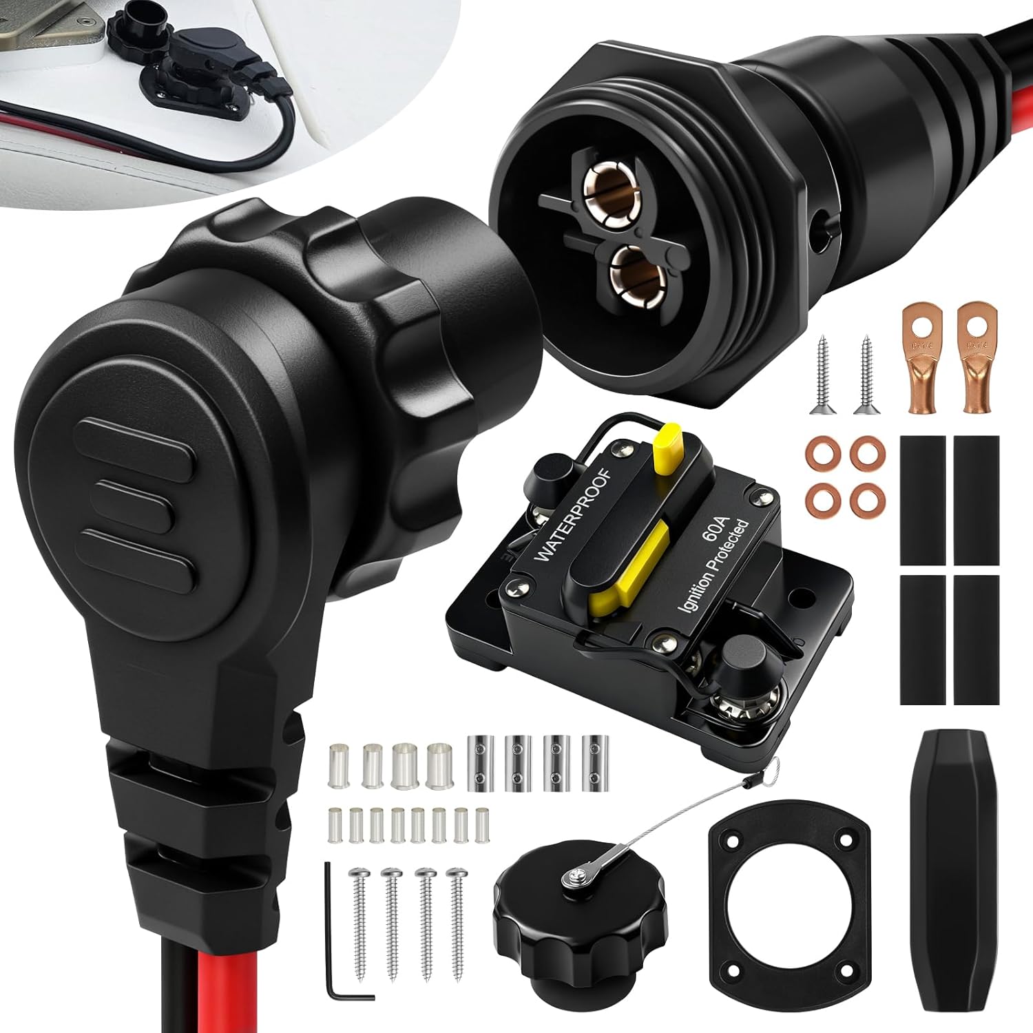 1865120 MKR-28 Trolling Motor Plug and Receptacle & MKR-27 60 AMP Circuit Breaker 1865115 for Minn Kota - Waterproof Heavy Duty 8AWG 60A Rated 48V Max