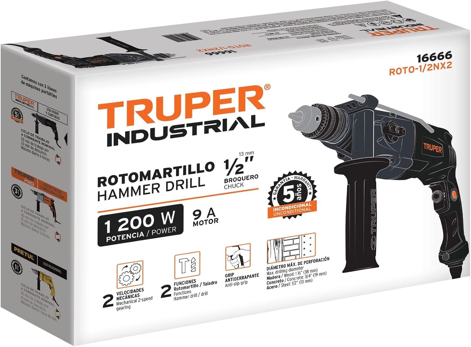 TRUPER ROTO-1/2NX2 Hammer Drill packaging with specifications