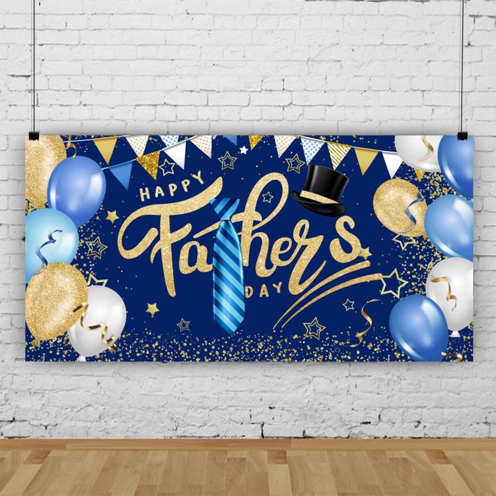 20x10ft Happy Father's Day Backdrop Balloons Navy Blue Gold Photography Background for Father's Day First Fathers Day Theme Party Banner Decorations