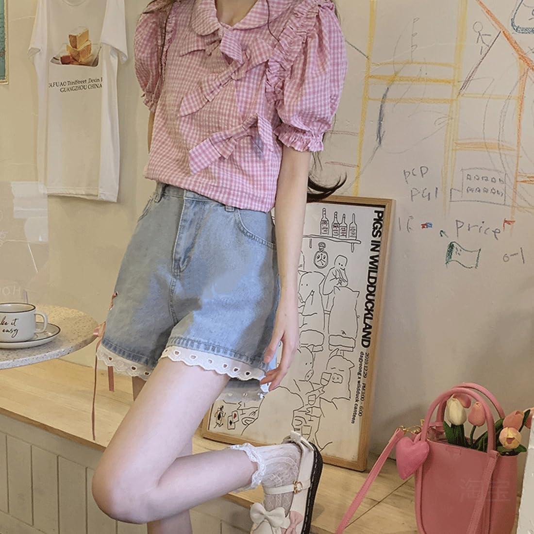 Women Y2K Gothic Kawaii Fashion Harajuku Casual Style Straight Leg A Line Vintage Ribbon Lace Trim Jeans Shorts