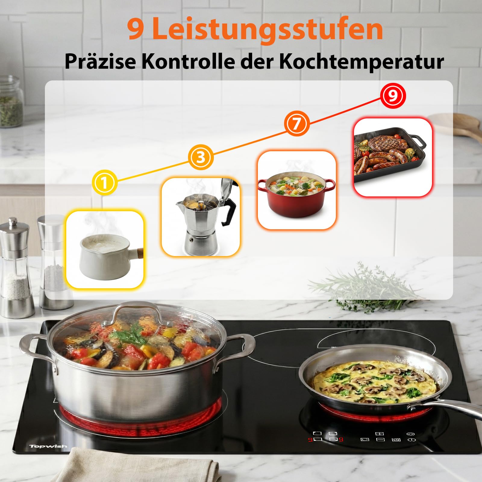 Topwish Glaskeramikkochfeld 4 Platten 60cm 6600W Elektroherd mit Kindersicherung Restwärmeanzeige Timer