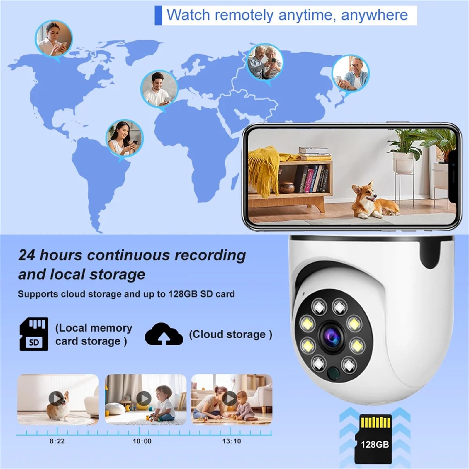Caméra Ampoule HD E27 Couleur Vision Nocturne WiFi caméra intérieure Alarme vocale Audio bidirectionnel AI Suivi de Mouvement IP,Tranquillité d'esprit Toujours(Cam Add 128G Card)