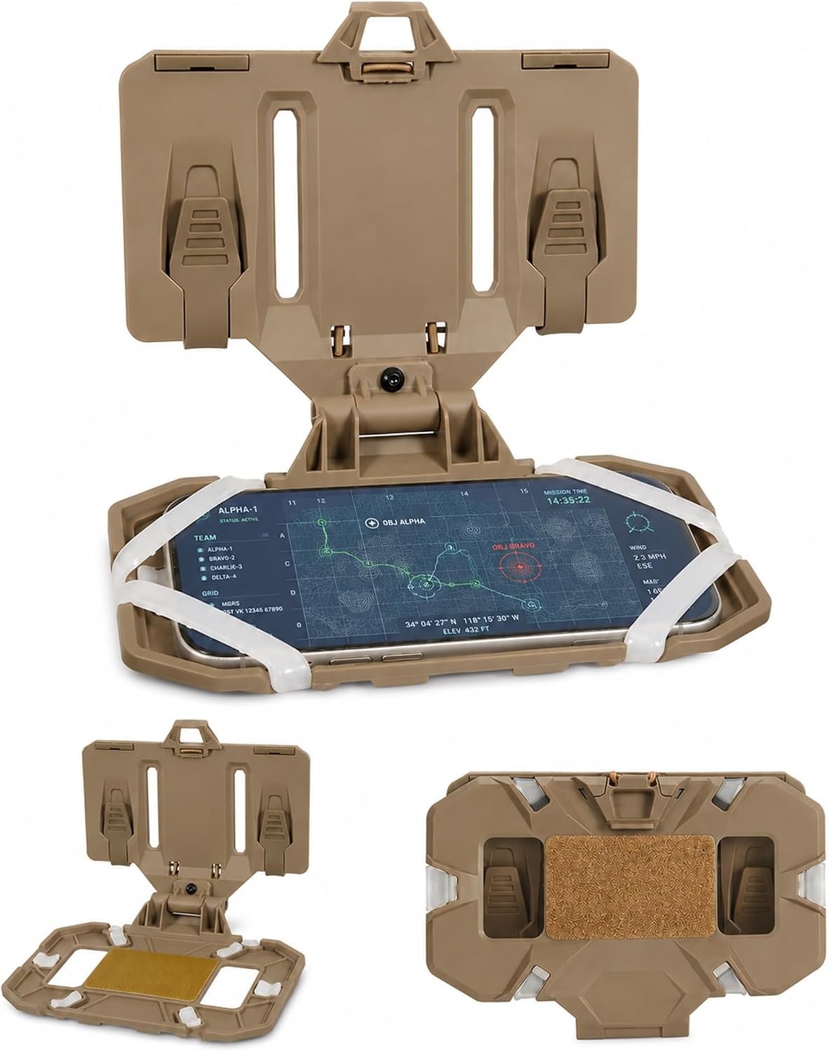 MOLLE Phone Holder for Plate Carrier, 4.7-6.7 in Screens | Flip-up landscape access, secure silicone grip, 4 x 3 MOLLE/PALS fit, quick setup and hook-and-loop morale patch panel