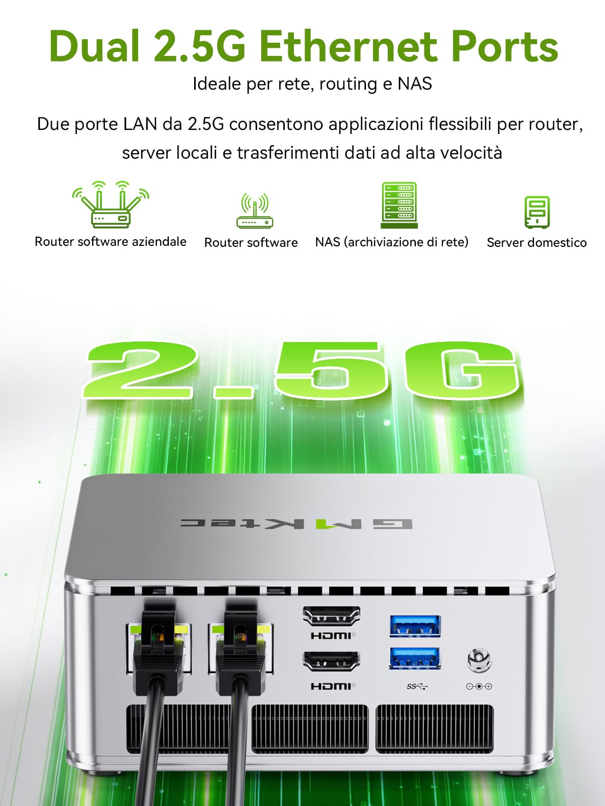 GMKtec Mini PC, G11 AMD Ryzen Embedded R2514 (supera 4300U/N150), mini computer 16 GB di RAM DDR4, SSD PCIe M.2 512 GB, doppia NIC 2,5 GbE, USB-C, HDMI, triplo schermo