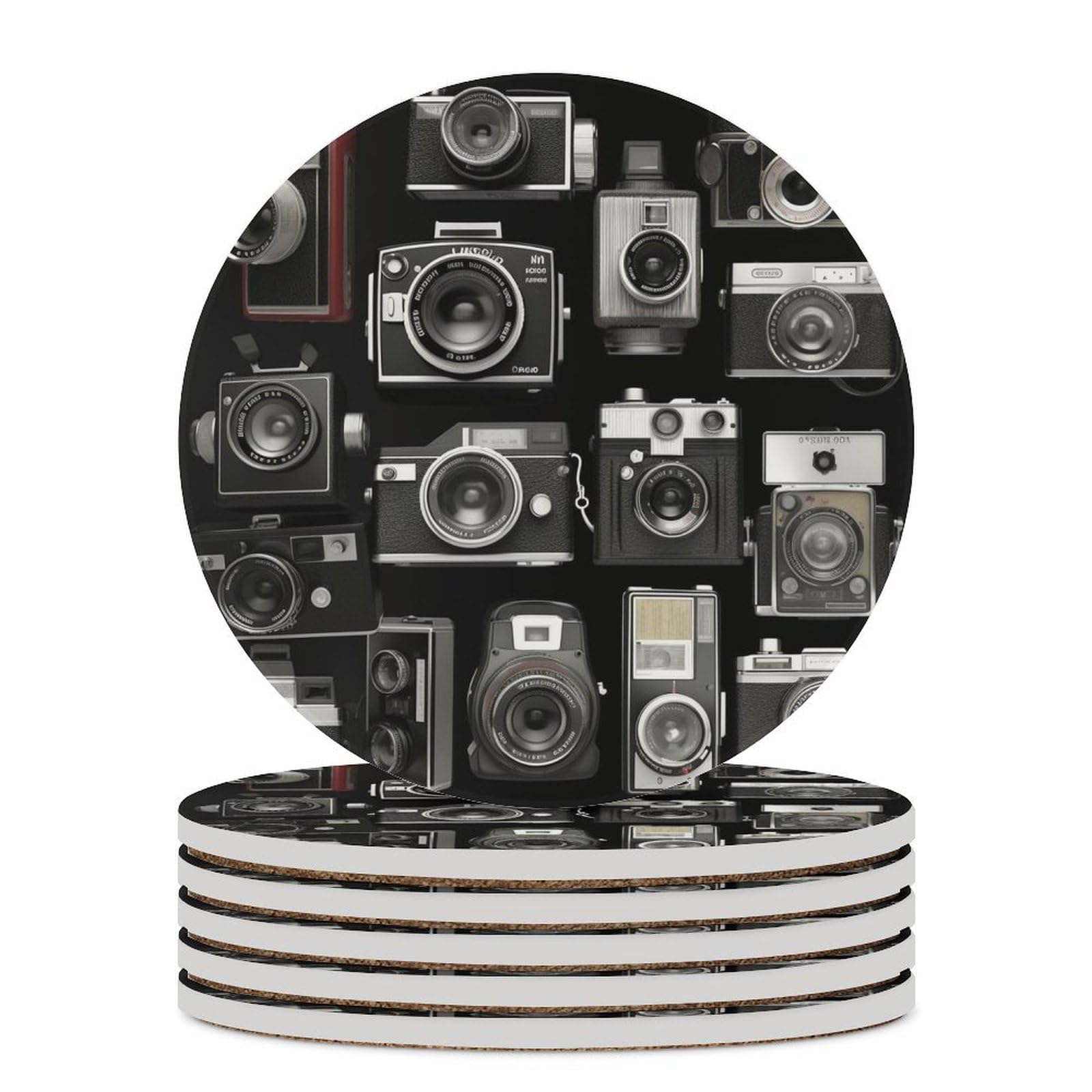 Lot de 6 dessous de verre en céramique avec dos en liège - Dessous de verre rétro cool - Collection appareil photo - Dessous de verre antidérapant rond en pierre absorbant pour types de tasses, table