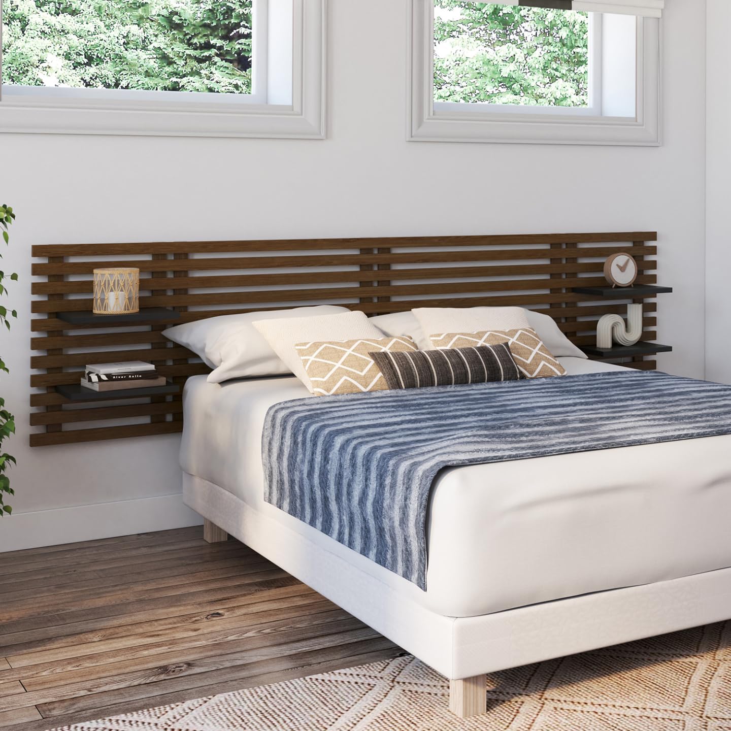 IDMarket - Tête de lit Suspendue en Lattes AVA 240 cm Bois Vieilli et étagères Noires