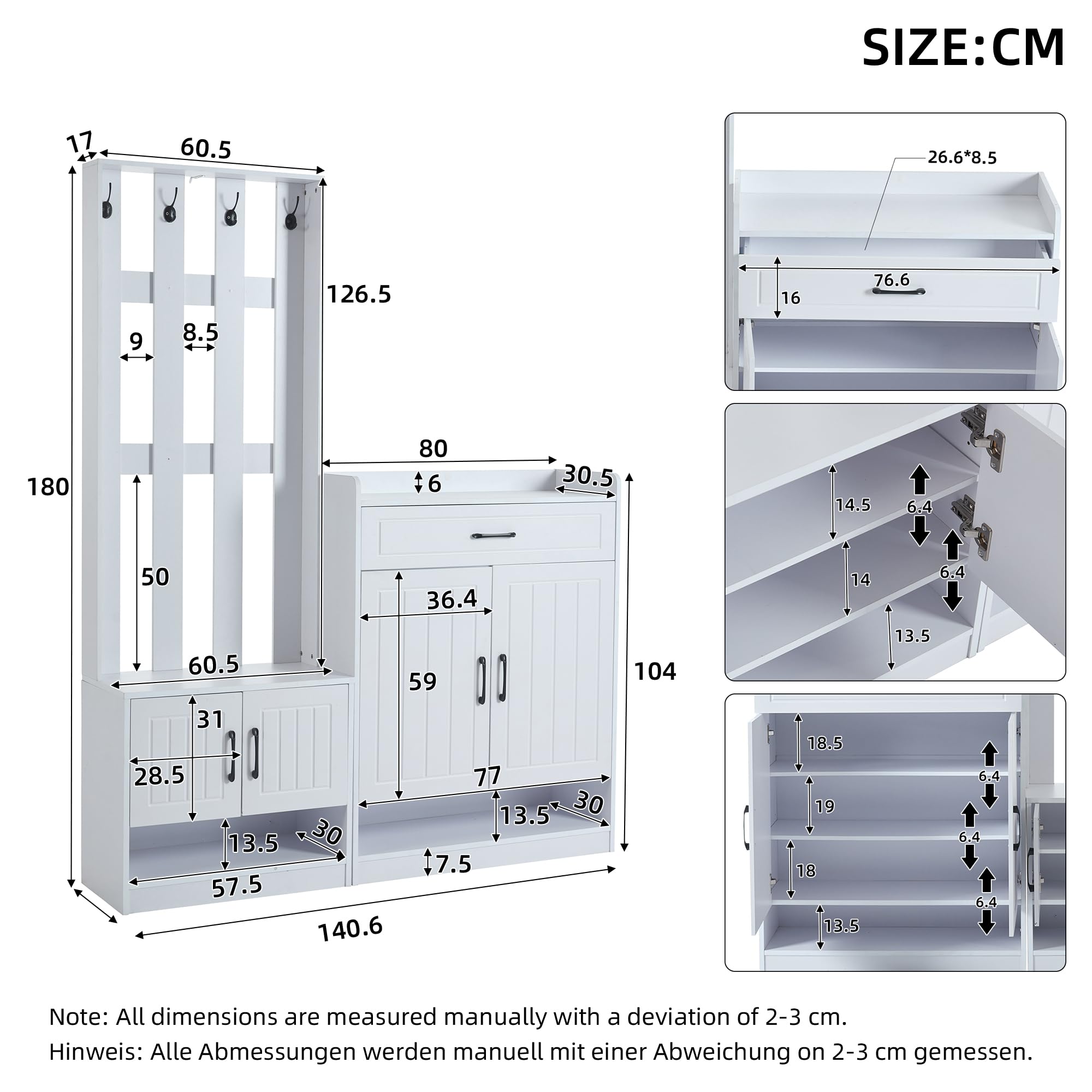 Garderobenset Wandgarderobe, Garderoben Set mit Schuhbank und Wandpaneelen, Garderobenständer, Flurgarderobe Set mit Schubladen und Türen, Flurtrockenständer, Weiß Flurmöbel 140.6x32x180 cm