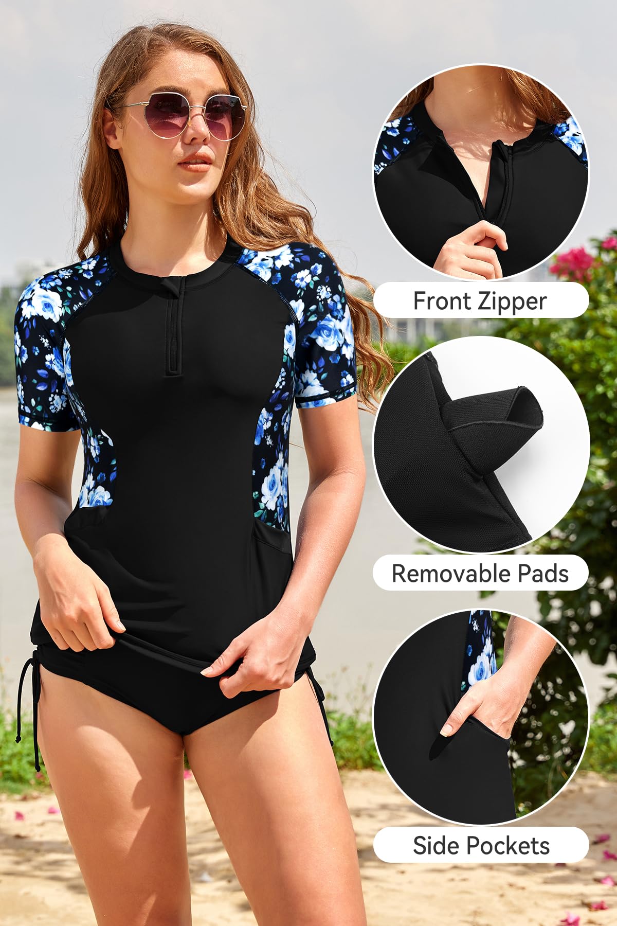 SHEKINI Camiseta de surf para mujer con brasier y bolsillo, manga corta, cremallera de 1/4, protección solar, camiseta de natación de secado rápido