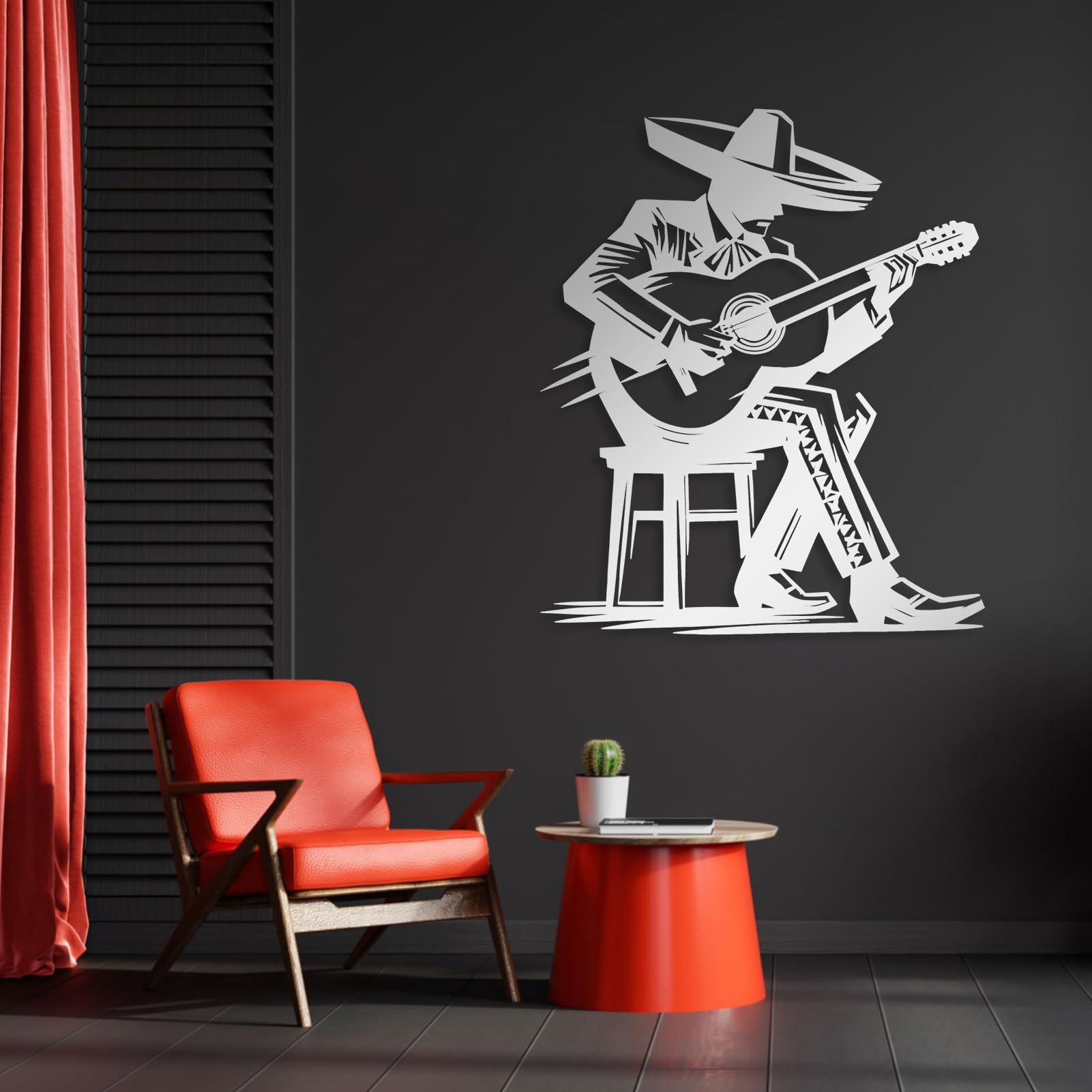 Generisch Metall-Wandkunst mexikanischer Gitarrist Musiker-Wanddeko Gitarrenmusiker-Silhouette mexikanische Deko Musik-Wohndeko Wohnzimmer-Wanddeko modern (Silber 31"x27" | 80x68cm)