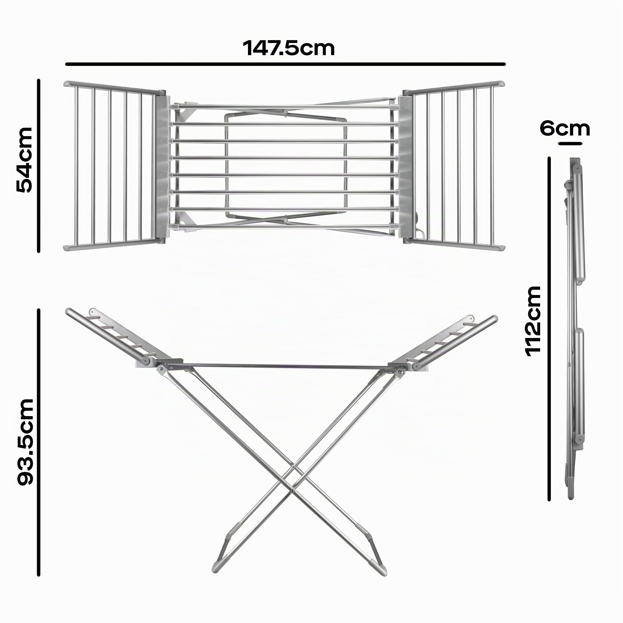 Daewoo HEA1874 faltbarer, tragbarer beheizter Wäscheständer, 230 W, 15 kg maximale Belastung, 1,4 m Kabel, niedrige Betriebskosten und gefaltete Flügel, Weiß, Aluminium