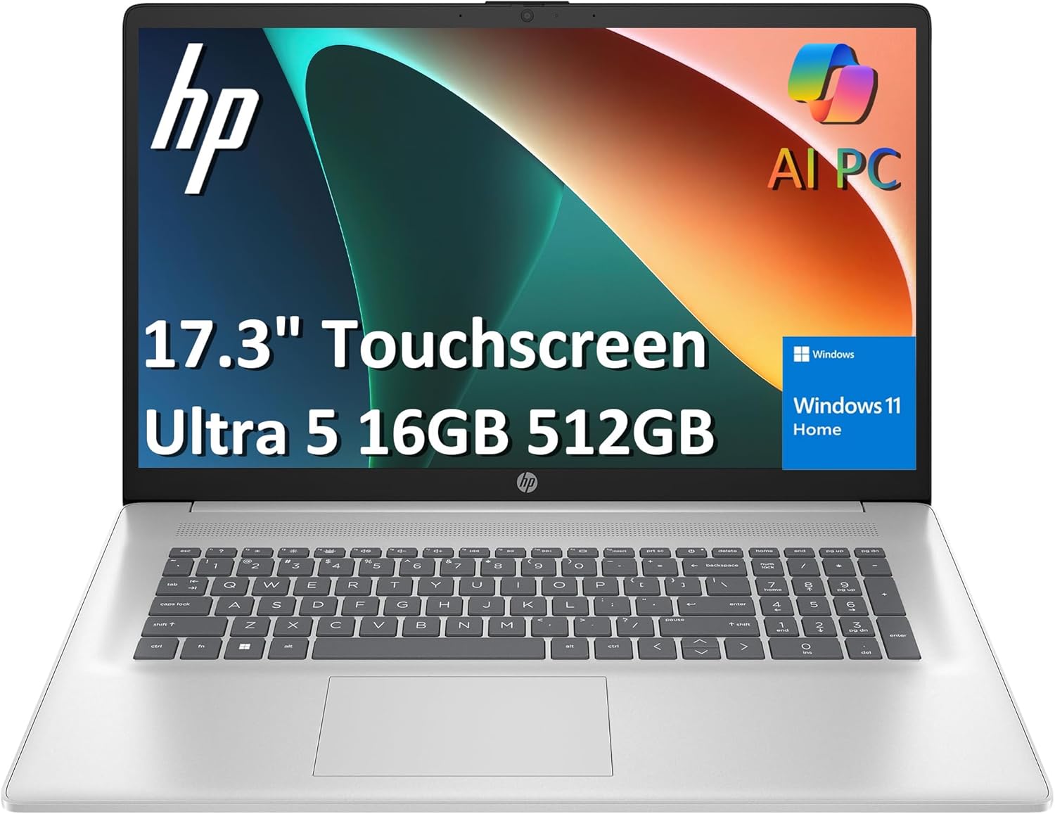 HP 17 Laptop AI PC (17.3" HD+ Touchscreen, Intel 12-Core Ultra 5 225U (> i7-1355U), 16GB DDR5 RAM, 512GB SSD) for Business, Home, Students, Backlit, Fingerprint, Webcam, Win 11 Home, Silver