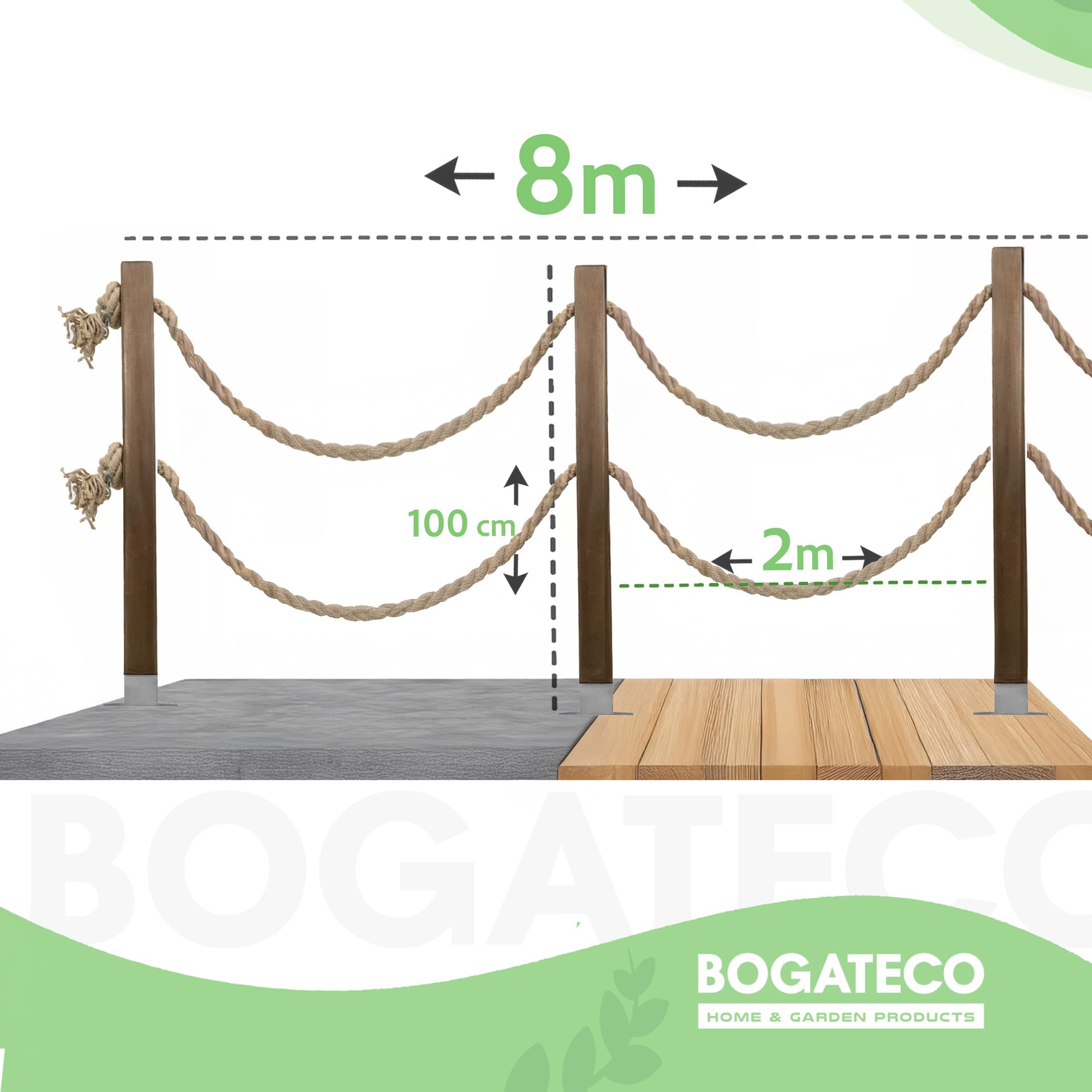 Bogateco Ogrodzenie drewniane, podwójne ogrodzenie linowe, 8 m, kompletny zestaw odgradzający z 2 linami jutowymi 30 mm i drewnianymi słupkami, impregnowane drewno wraz z kotwą podłogową do