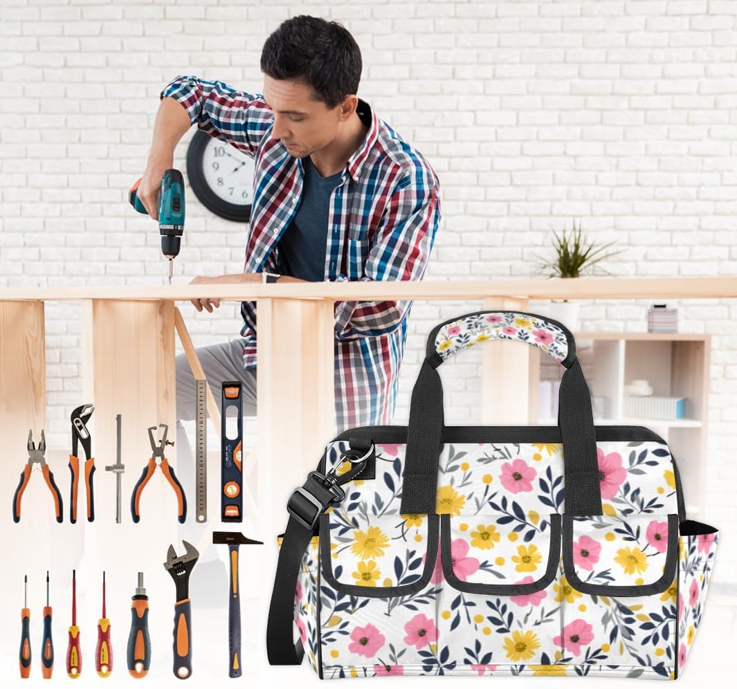 Summer Colorful Flower Tool Bag with Multi-Pockets Wide Mouth Tool Tote Bag for Women and Men Waterproof Tool Organizer Storage Bag with Adjustable Shoulder Strap and Ergonomic Handle