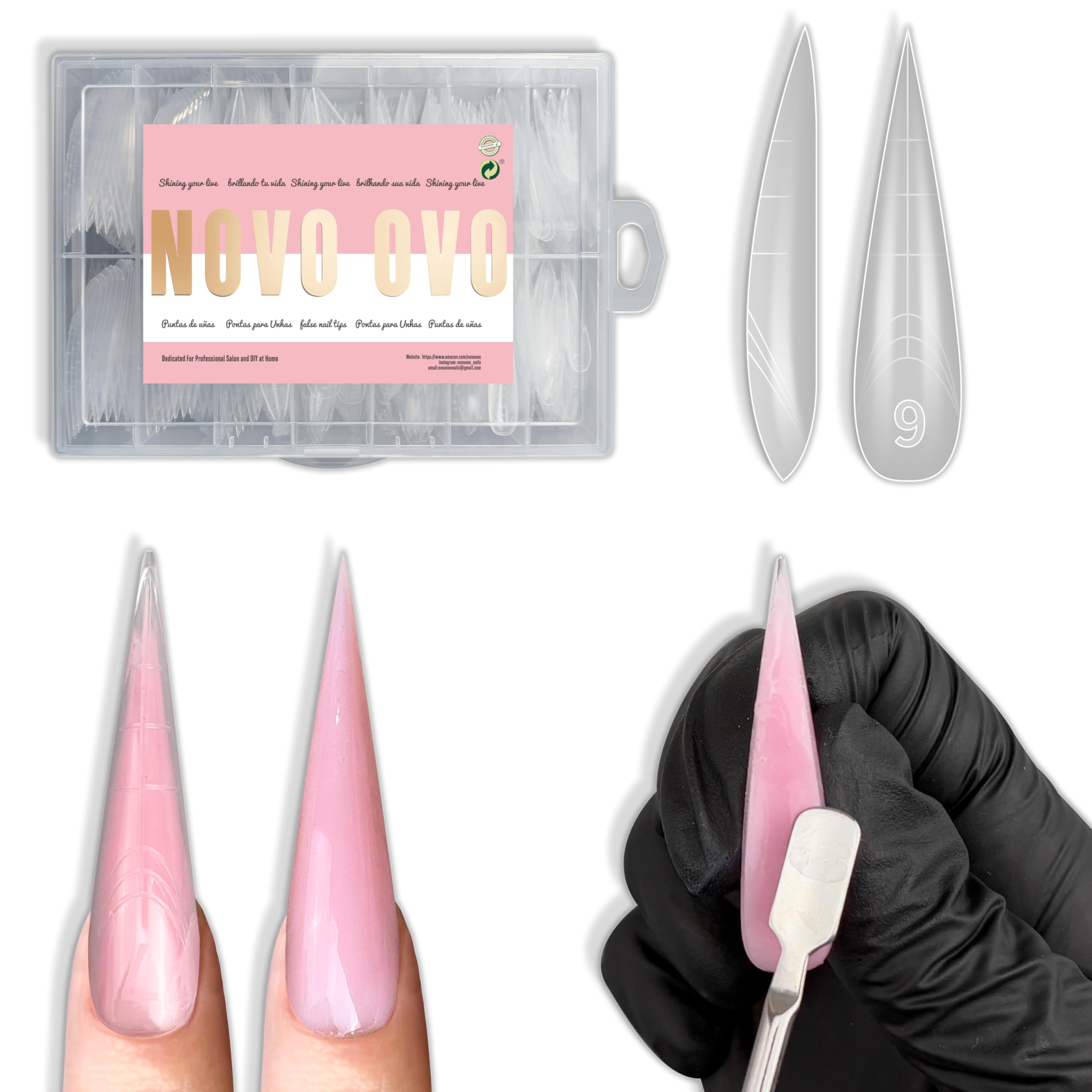 NOVO OVO Extra Long XXL - Confezione da 280 stampi per manicure fai da te, in acrilico riutilizzabile