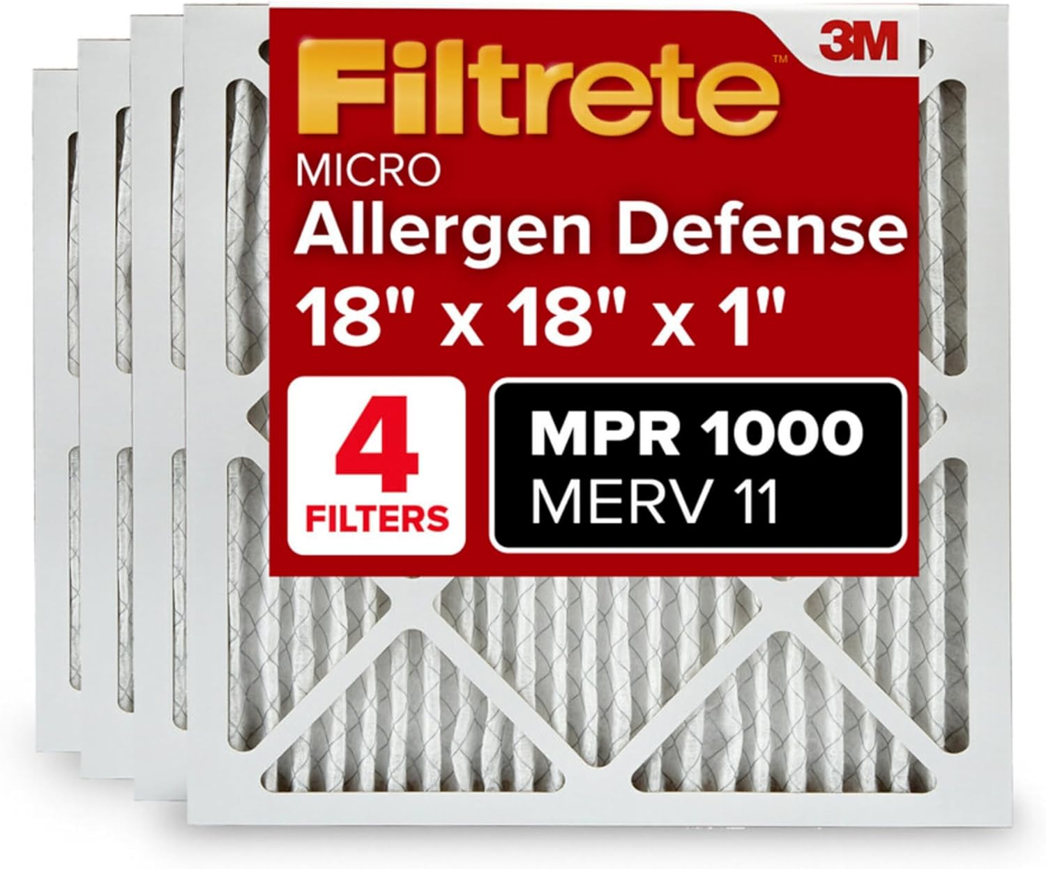 Filtrete 18x18x1 AC Furnace Air Filter, MERV 11, MPR 1000, Micro Allergen Defense, 3-Month Pleated 1-Inch Electrostatic Air Cleaning Filter, 4 Pack (Actual Size 17.81 x 17.81 x 0.81 in) Filtrete 18x18x1 AC Furnace Air Filter, MERV 11, MPR 1000, Micro Allergen Defense, 3-Month Pleated 1-Inch Electrostatic Air Cleaning Filter, 4 Pack (Actual Size 17.81 x 17.81 x 0.81 in)