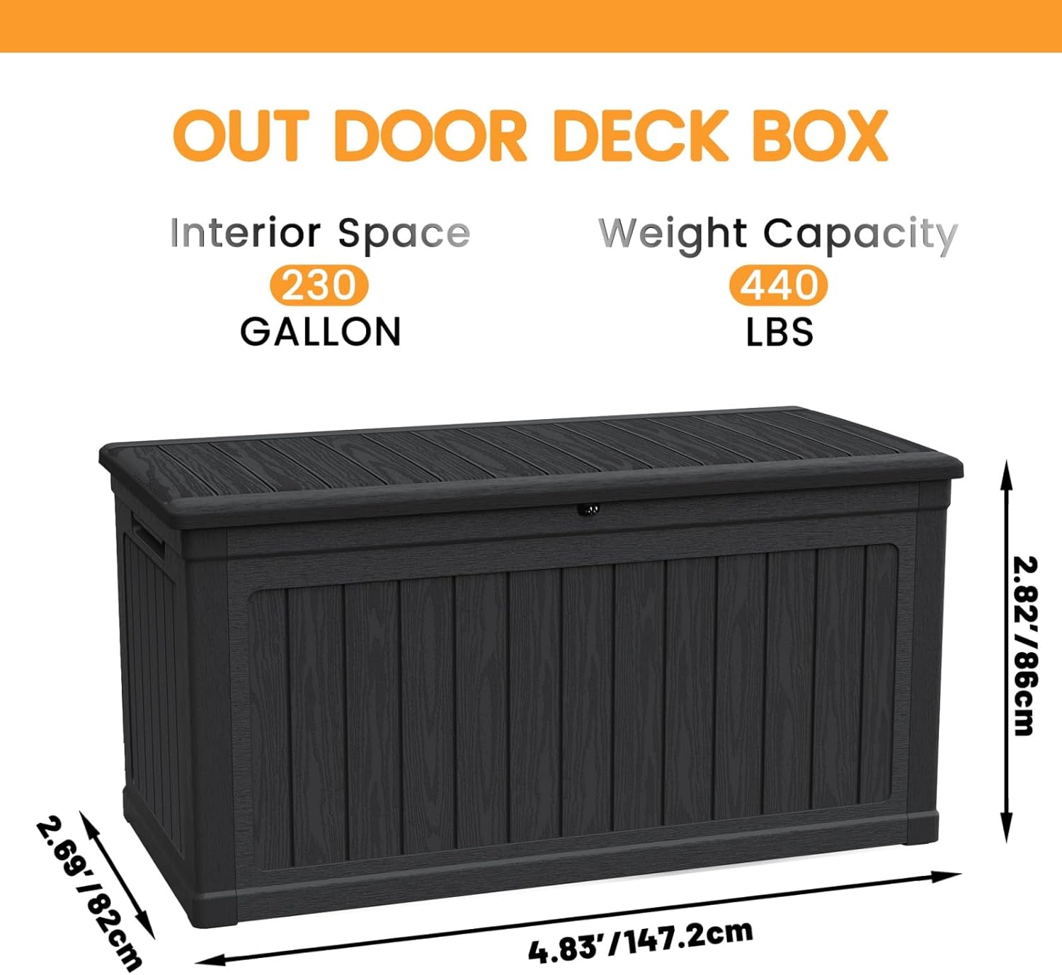 230 Gallon Large Outdoor Storage XXL Deck Box for Patio Furniture, Outdoor Cushions, Garden Tools and Sports/Pools Equipment, Waterproof Resin, Lockable, Black
