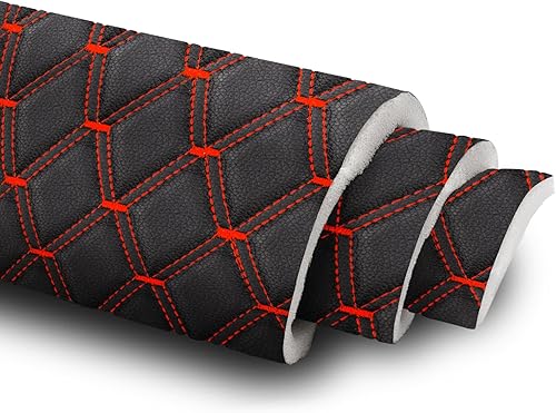 1 Yard Vinyl Upholstery Fabric,63" Wide Car Headliner Fabric with Diamond Pattern,Thick Sponge Backing DIY Upholstery,Black(Red Thread)