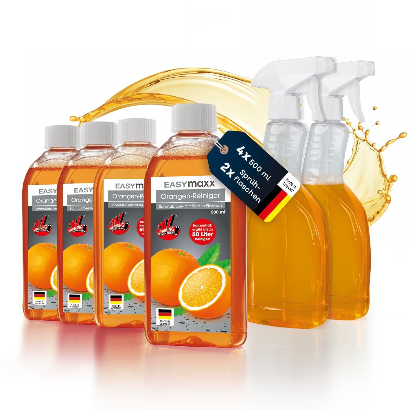 EASYmaxx Orangenreiniger Konzentrat - Badreiniger, Küchenreiniger & Allzweckreiniger in einem | 4x500ml Putzmittel inkl. 2 Sprühflaschen | Cleaner mit effektiver Allesreiniger Wirkung & Fettlösekraft