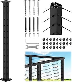CKE T-Drilled Corner Post Cable Railing, Three Sides T-Drilled 42" Cable Railing Corner Post (Post 41"x2"x2") with Cable Grommets, 90° Black Finish Stainless Steel Corner Post for Indoor Outdoor, CP02