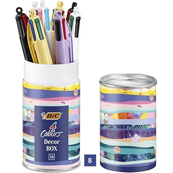 BIC 4 Colours Message Box - Retractable Ballpoint Pen Medium Tip (1.0mm) - Assorted Messages - Metal Gift Box of 8 pieces.