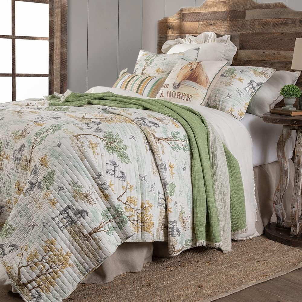 Rod's Graystone Meadow (Quilt)-Twin Quilt-Horse Toile Western -Green Gray Taupe Tan Brown White-Quilt Size (68x88in.)-Reversible-Cotton
