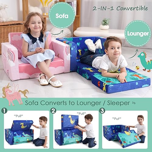 Miniatura 4 de ACRABROS Sofá para niños: Sofá cama plegable para niños Gilrs Kids Baby Flip Out Convertible Lounge Chair Dinosaur Avión,Dinosaurio,Space