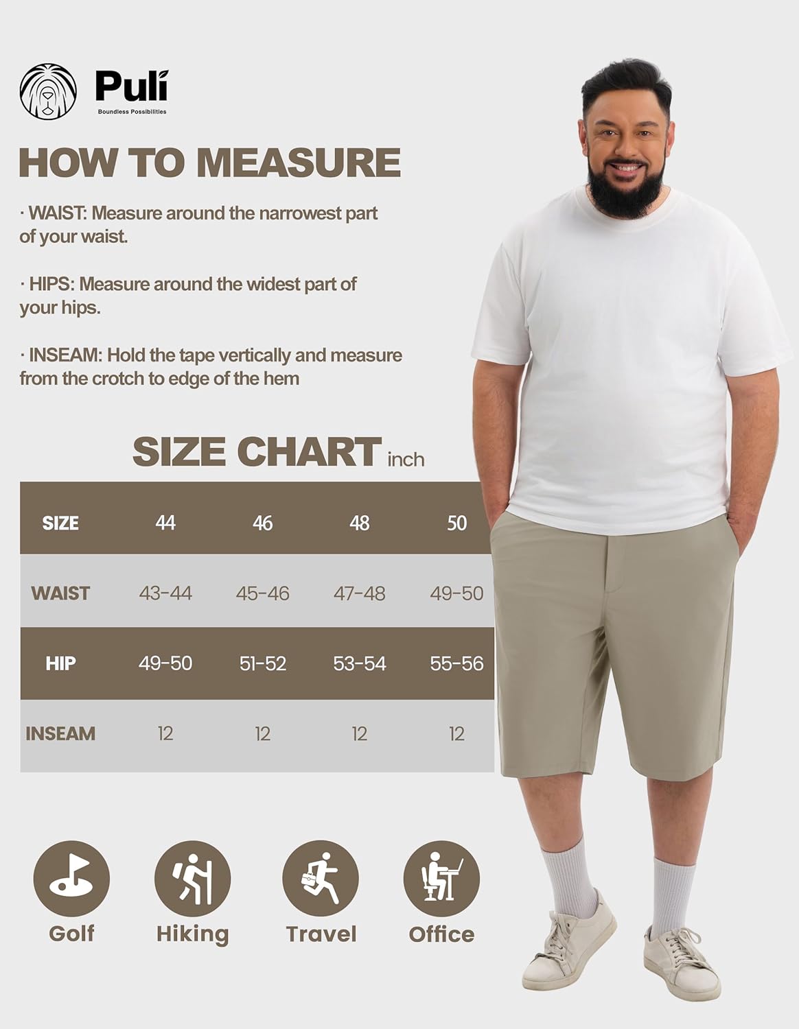 PULI Men's Big & Tall Casual Shorts Stretch 12'' Inseam Quick Dry Lightweight Breathable Spill Proof Long Dress Golf Shorts