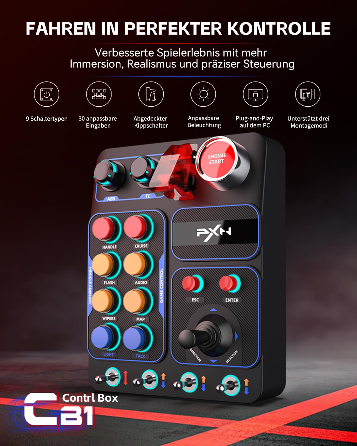 PXN CB1 Button Box – PC Seitenkonsole, 19 Tasten & Schalter, RGB-Beleuchtung, Seiten-Steuerbox für Sim-Racing-, Lkw-, LS- und Flug-Spiele, Zubehör für Lenkrad und Joystick, nur für PC | 19 Sim-Tasten & Schalter, RGB-Beleuchtung, einstellbare Klemme, für R