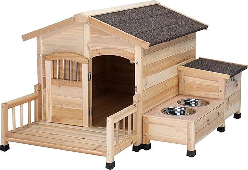 Miniatura 6 de Taivoze Casa de madera para perros perrera con cuencos de alimentación refugio para mascotas con techo de asfalto resistente a la intemperie y al