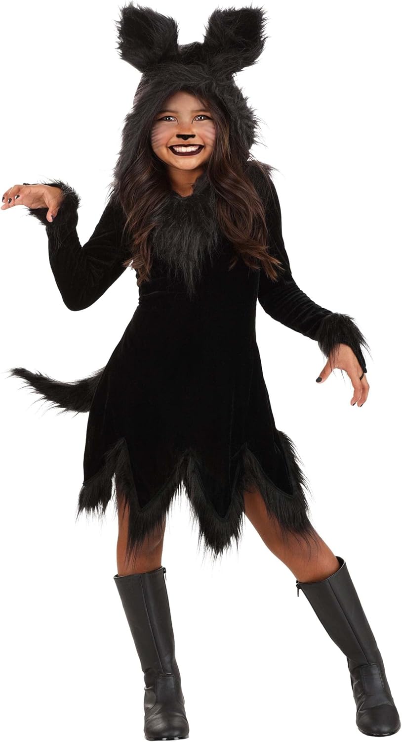 Grey Wolf Costume Dress for Girls | Werewolf Costumes with Fur Hood, Woodland Animal Outfit for Kids