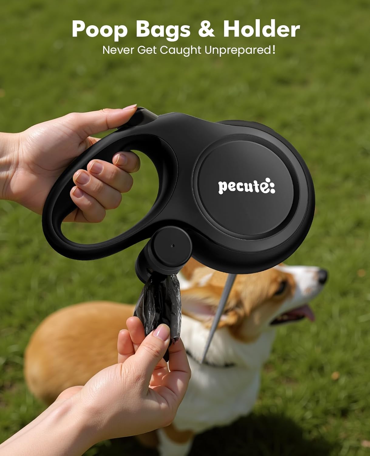 Pecute 8 Metre Extendable Dog Leash, Leash for 15-50 kg, with Anti-Bite Rope 46 cm, Hygienic Bags and Bag Holder | 360° Anti-Tangle | Dog Walking, Training, Rain Days, Black 9