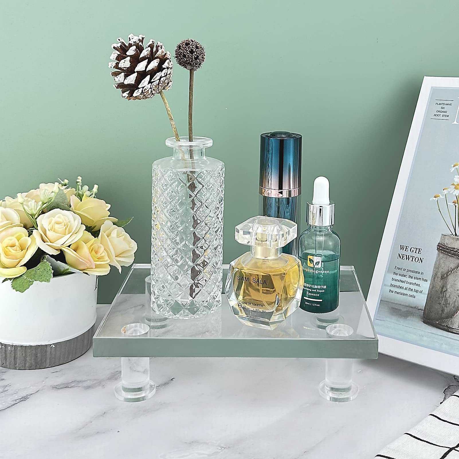 Bigfety Acrylic Pedestal Tray Stand Riser for Bathroom Kitchen countertop, Clear Display Base Home Decor