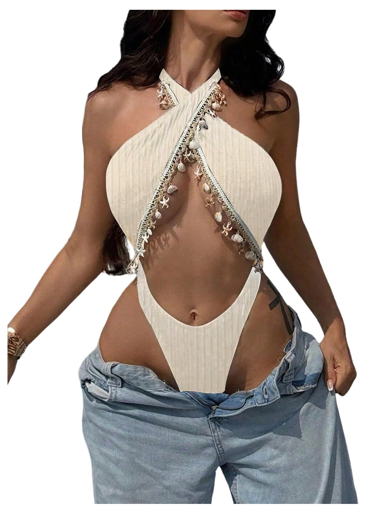 Photo 1 of OYOANGLE Women's Backless Halter Monokini Shell Trim One Piece Swimsuits