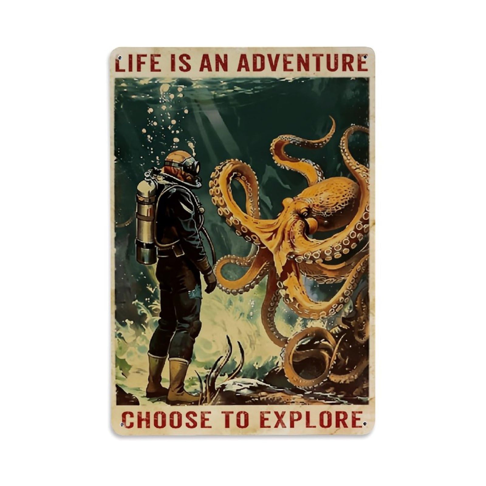 Underwater Explorer And Giant Octopus Retro Metal Tin Sign, Vintage Decor Art Poster for Bar, Home, Man Cave, Kitchen, Laundry Room Gift 8x12Inch