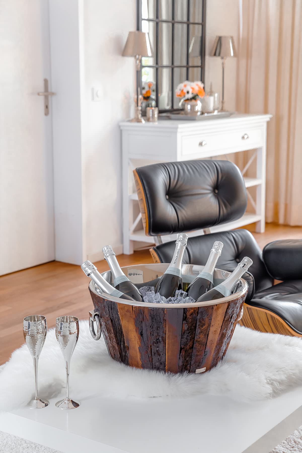 EDZARD Champanera Valencia con soporte (H 83 cm, Ø 22 cm), acero inoxidable doble pared, martillado, con asas, para 1 botella – enfriador de champán, enfriador de cava de pie, enfriador de vino
