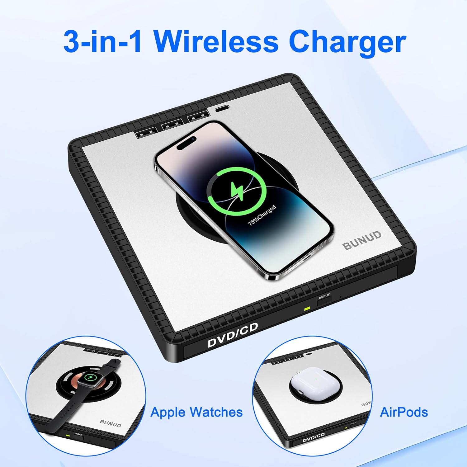 BUNUD External DVD Drive with Wireless-Charger: USB CD Burner & 15W Fast Charging for iPhone 17 16 15 14 13 12 Series - External DVD Player for Laptop Mac Apple Windows with SD/TF/3 USB Ports