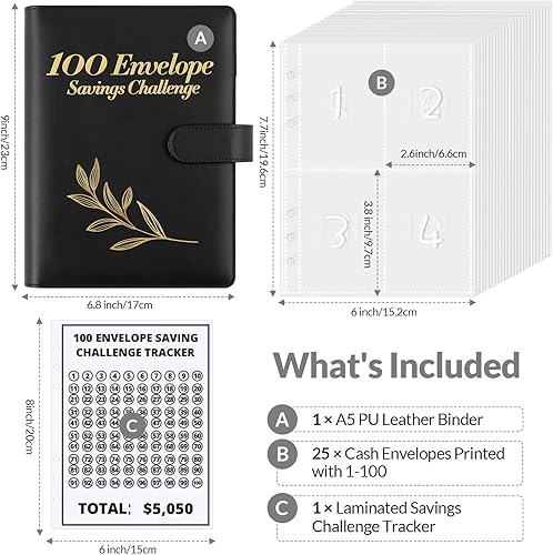 Miniatura 3 de SKYDUE Carpeta de desafío de 100 sobres, carpeta de presupuesto A5 para ahorrar dinero con sobres de efectivo, libro de desafíos de ahorro para