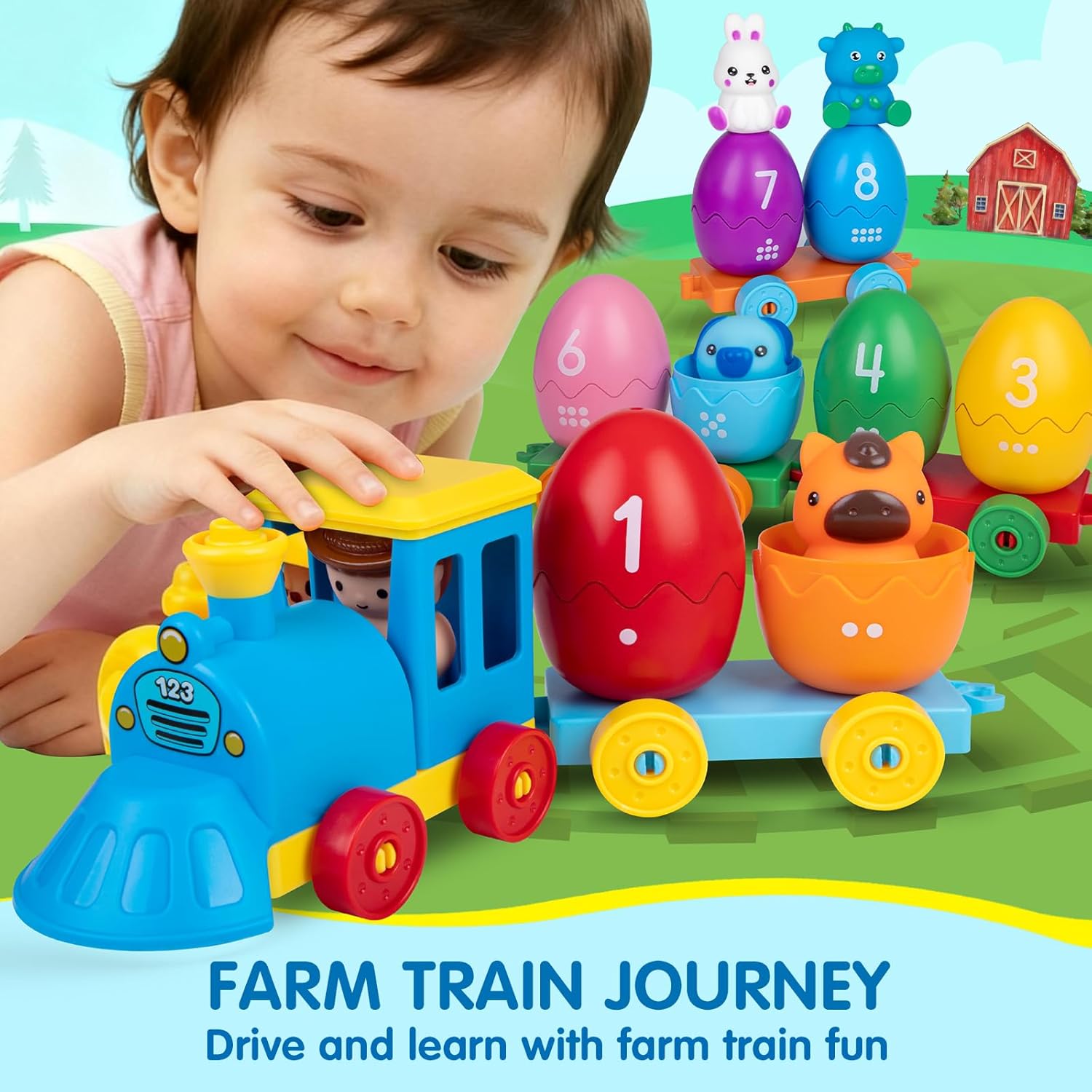 ESPRAY Toddler Learning Toys for 1 2 3 Years Old, Count Matching & Sorting Montessori Farm Train Set with 8 Farm Animals & 1 Farmer Finger Puppets, Christmas Easter Birthday Gifts for Baby Boys Girls