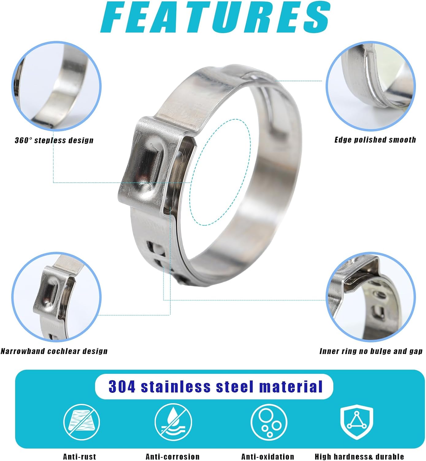 310pcs 16 Sizes Single Ear Hose Clamps, 5.3-36.1mm 304 Stainless Steel Crimp Hose Clamps,Cinch Rings Assortment Kit for Automotive, Pipe, Plumbing, Home Appliance Line with Ear Clamp pincer