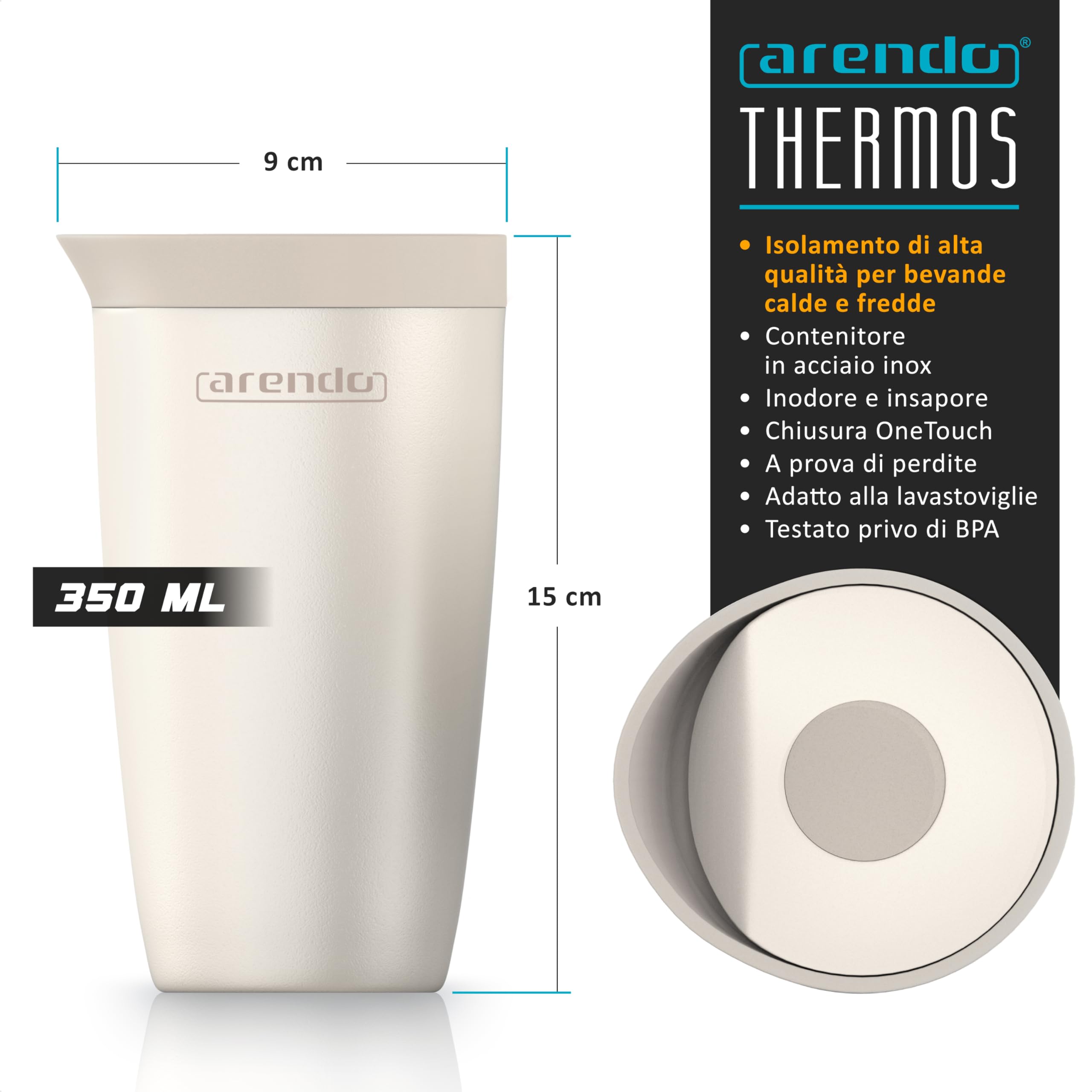 arendo Tazza Termica, Travel Mug, Tazza termica da viaggio 350 ml, Bicchiere termico Corpo in Acciaio Inox, 100% a prova di perdita, Pertura per bere con pulsante/Chiusura, Caffe Te e Altre Bevande