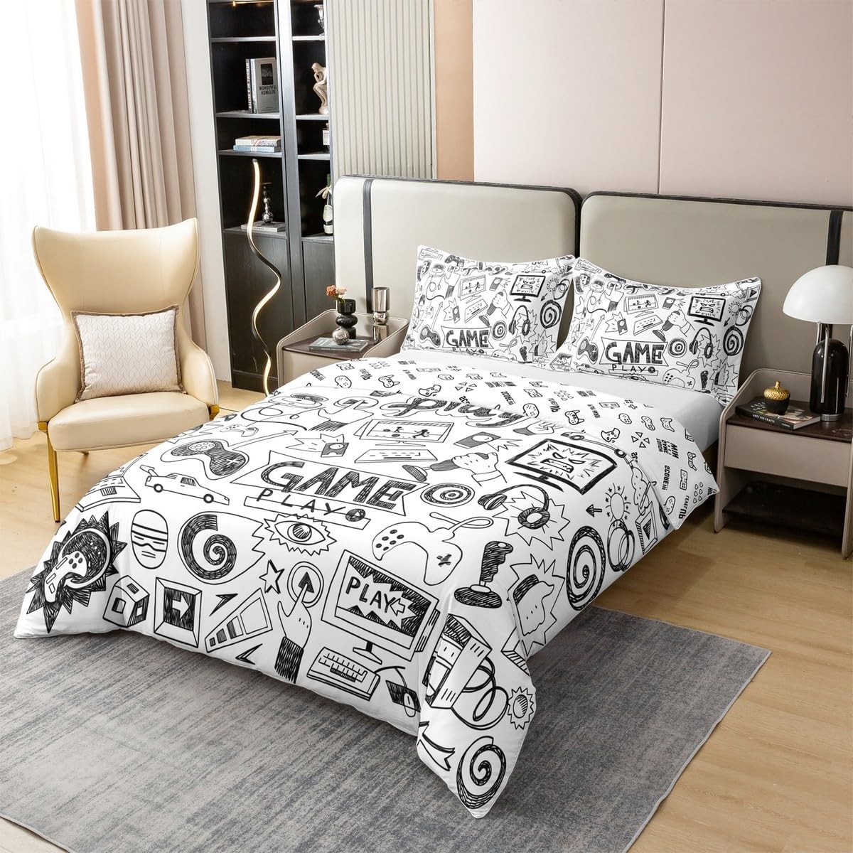 Reversible 100% Cotton Gaming Comforter Cover, Kids Gamepad Cartoon Bedding Set, Video Games Gamers Duvet Cover, Hip Hop Graffiti Quilt Cover, Racing Car Bedspread Cover Comfy, Black White, Full