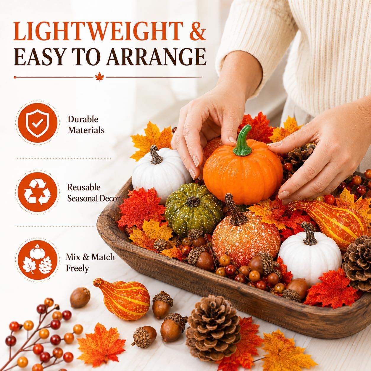 120-Piece Fall Harvest Decor Set with Artificial Mini Pumpkins and Gourds | Maple leaves, acorns, berries and pinecones for Thanksgiving tables, Halloween displays, autumn centerpieces and mantel decor