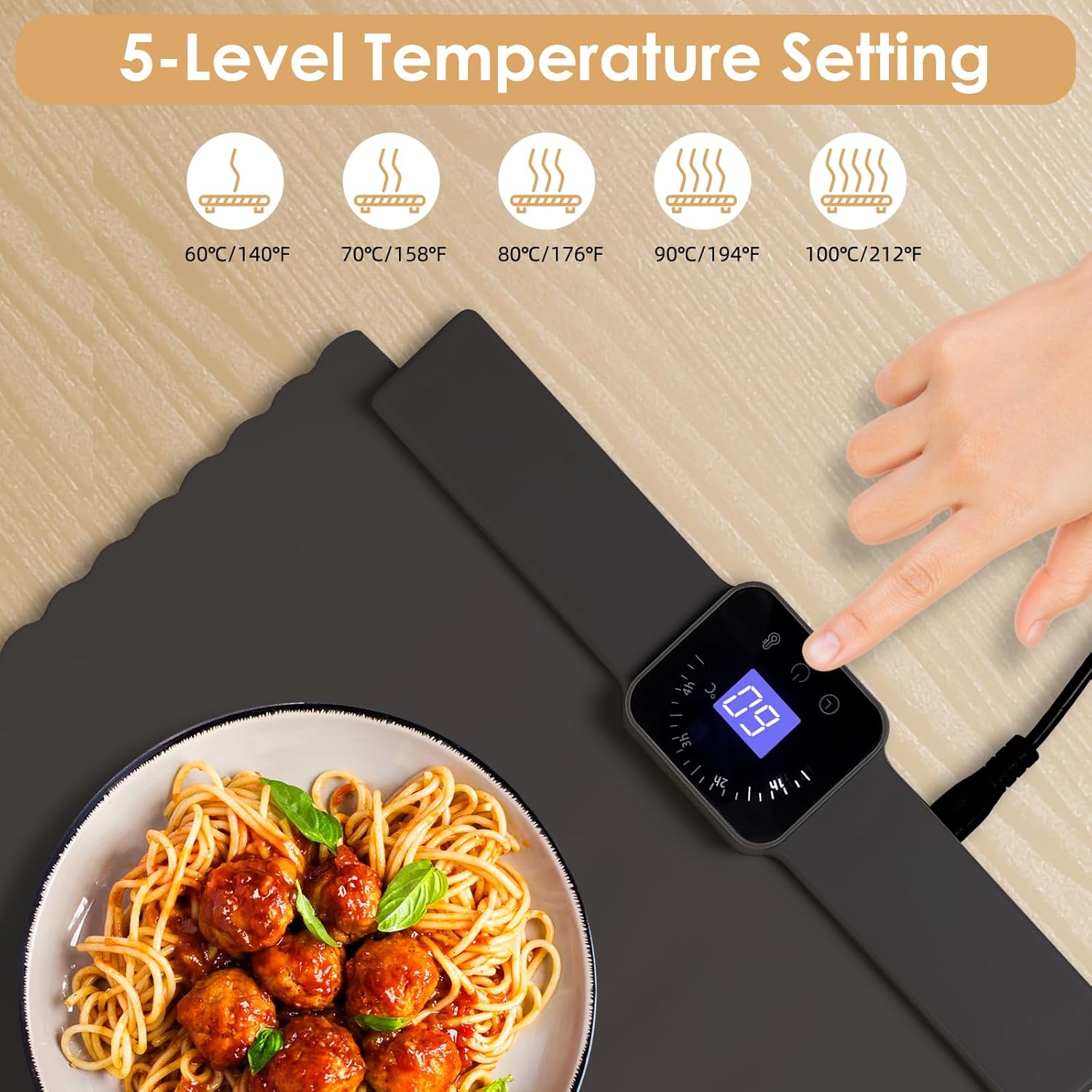 Food Warming Mat - 5 Temperature Settings, 4-Hour Timer, Child Lock, Flexible Silicone, Easy Clean, Multi-Use, Perfect for Home, Parties, and Picnics