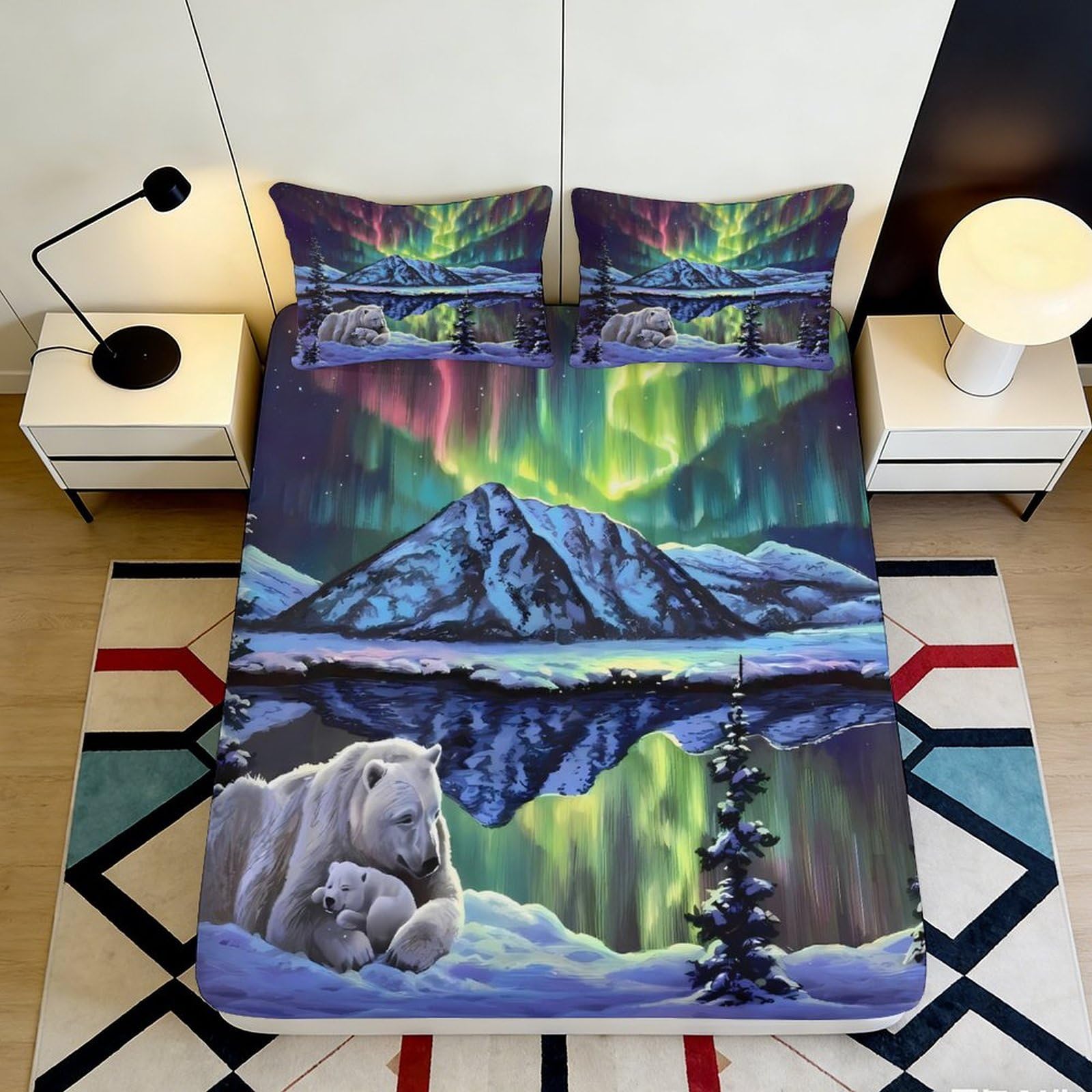 3D Printed Northern Lights Fitted Sheet Microfiber Soft Breathable Polar Bear Bed Cover for Bedroom Dormitory Guest Room Mattress Protection 160x200x25cm