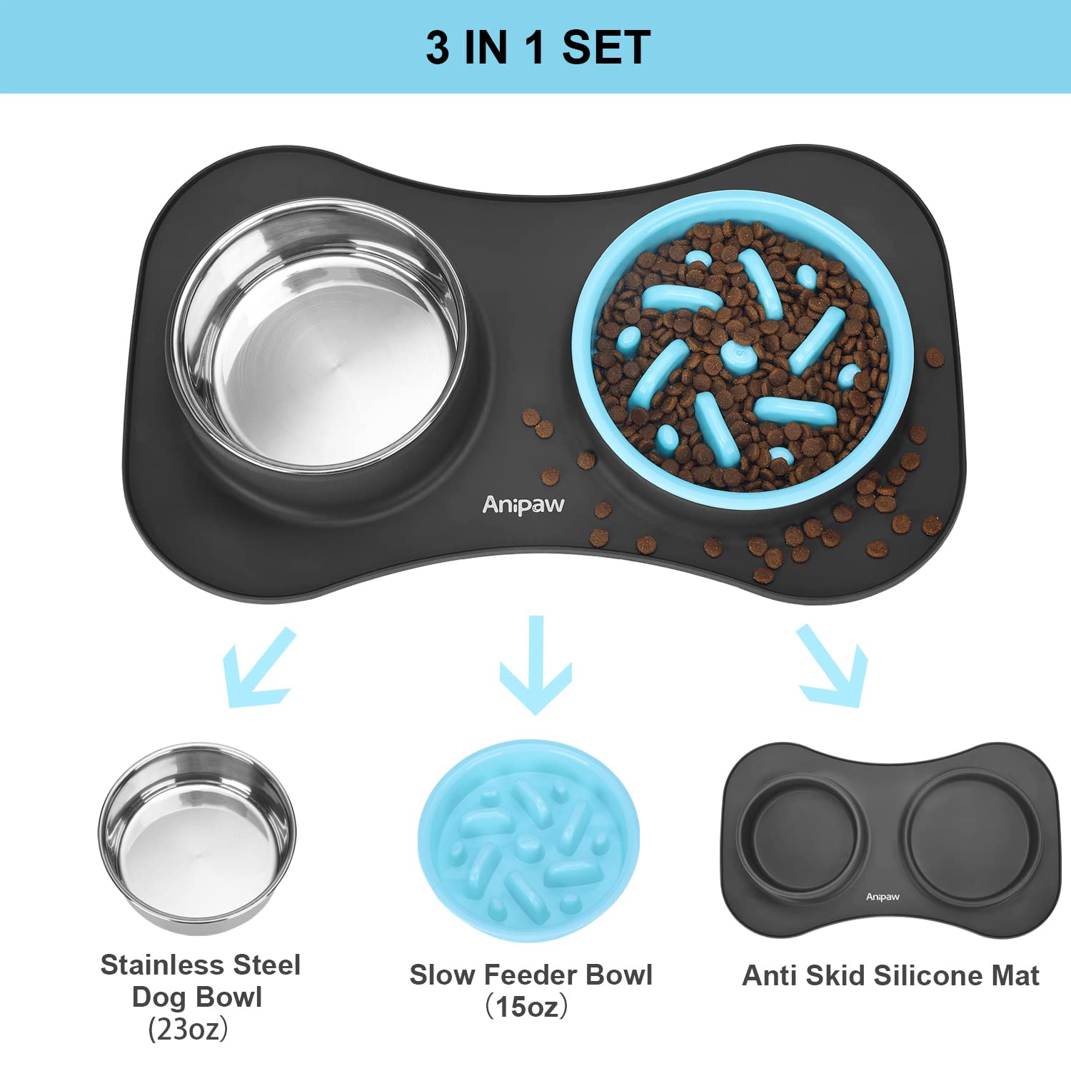Slow Feeder Dog Bowls 3 in 1 Stainless Steel Food and Water Bowls with Non-Spill and Skid Silicone Mat to Slow Down Eating for Large Medium Small Breed Size Dogs and Cats